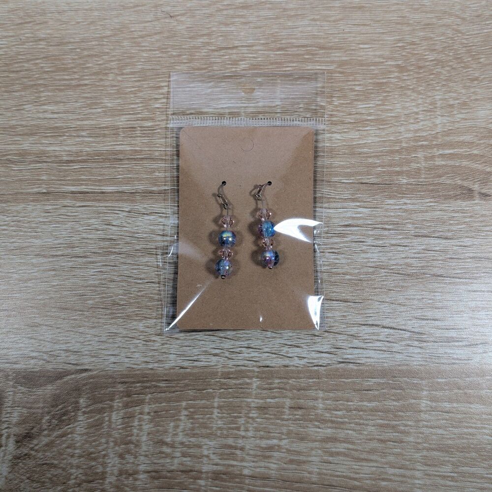 Handmade Blue Pink Iridescent Glass Bead Dangle Earrings Silver Tone